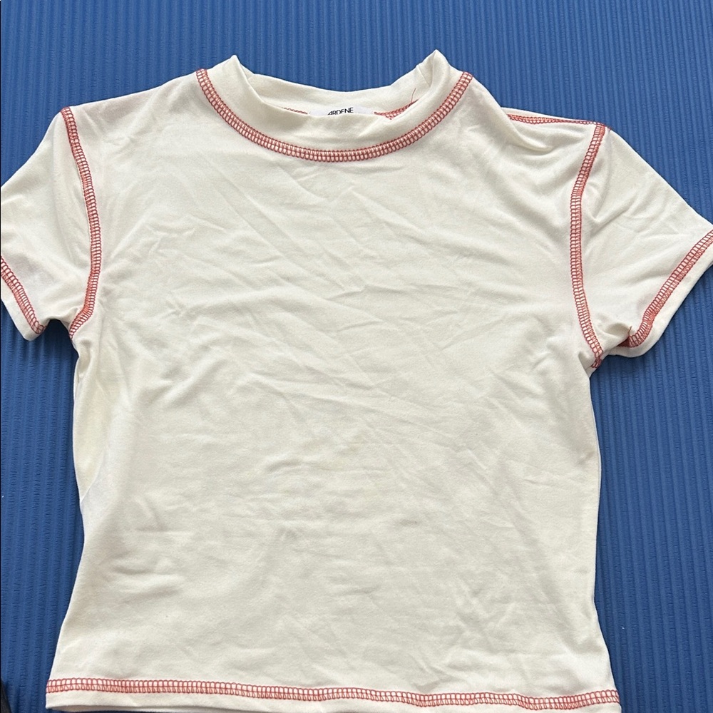 woman’s Cream cropped T-Shirt with Red Stitching